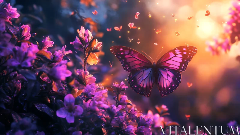 Iridescent butterfly over violet blossoms in sunset bokeh field.