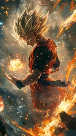 Fierce anime warrior glowing with firelit cosmic power.