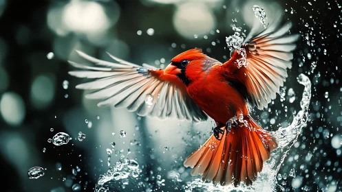 Vibrant cardinal in flight splashing water, dramatic nature photo.