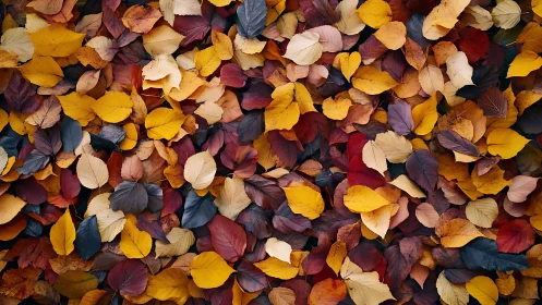 Fallen deciduous leaves form dense multicolored surface layer