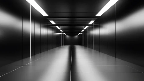 Linear corridor uses reflective black panels and strip lighting