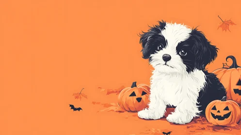 Sweet Halloween puppy sitting among glowing pumpkins.