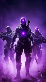 Hooded cyber soldiers advance through violet battlefield mist