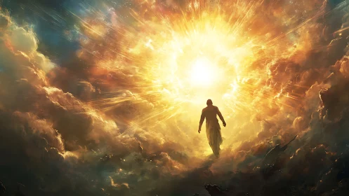 Pilgrim of light ascending through a roaring celestial sunrise.