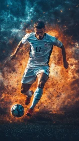 Soccer player sprinting with ball amid fire and smoke backdrop.