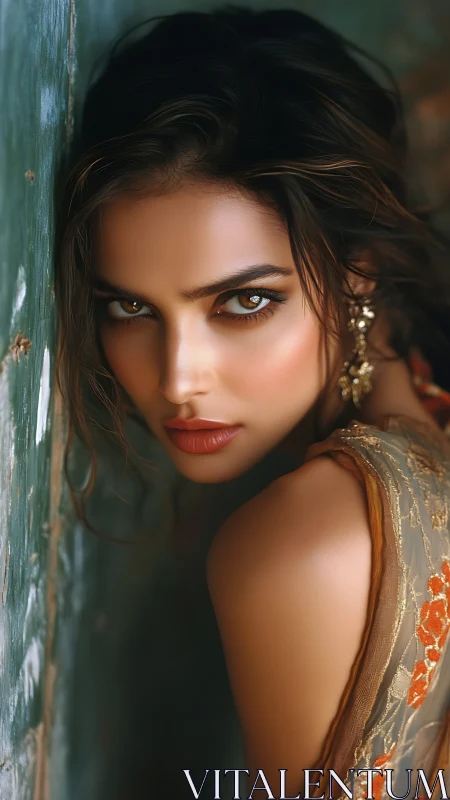 Gilded gaze against weathered wall, beauty in quiet revolt.