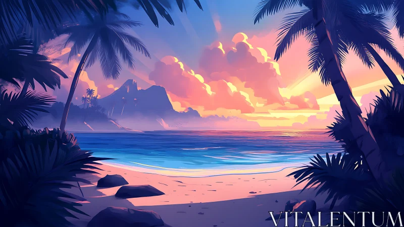 Tropical Beach at Sunset with Mountain and Palm Trees