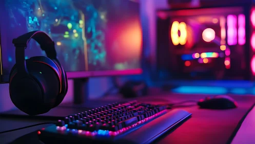 RGB gaming battlestation with mechanical keyboard and headset.