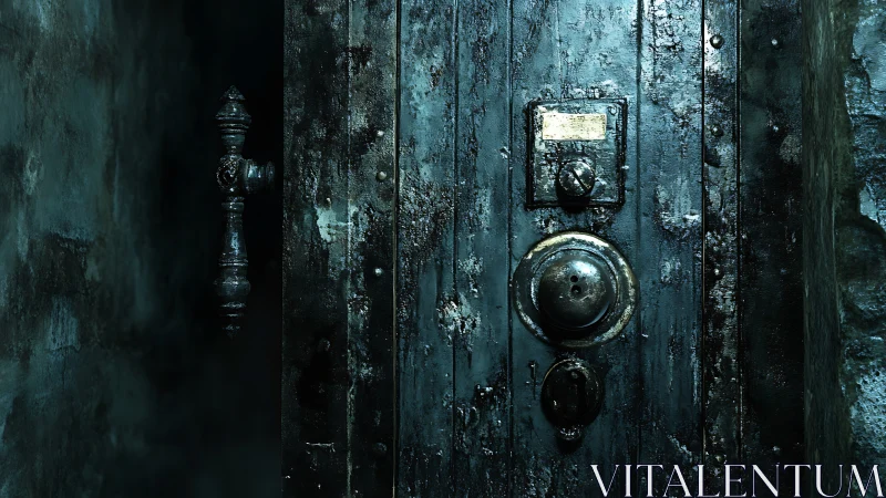 Corroded metal safe door in narrow dim concrete corridor.