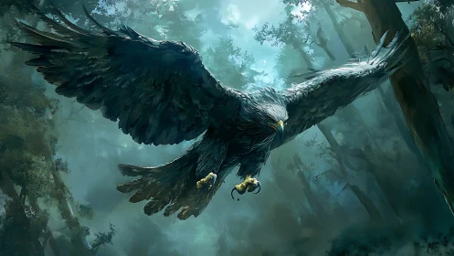 Majestic Eagle in Flight Over Misty Forest, Digital Art Style.