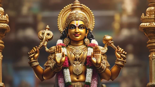 Golden Hindu deity sculpture with garlands in temple setting.