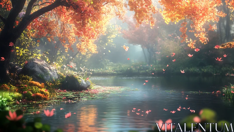 Tranquil forest pond under glowing autumn foliage.