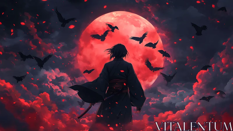 Swordsman silhouette under red moon with circling crows