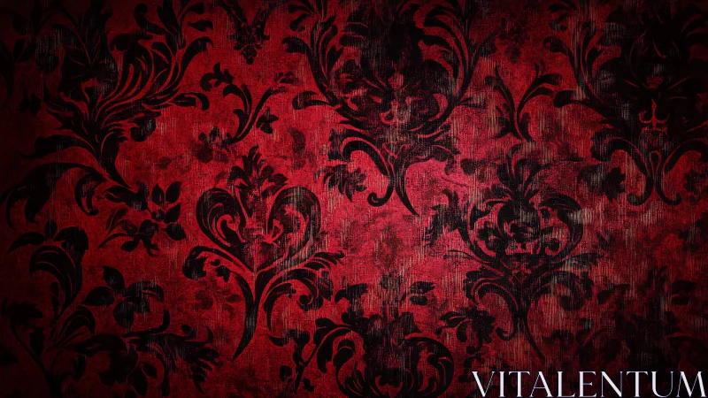 Damask floral wallpaper pattern on distressed crimson backdrop