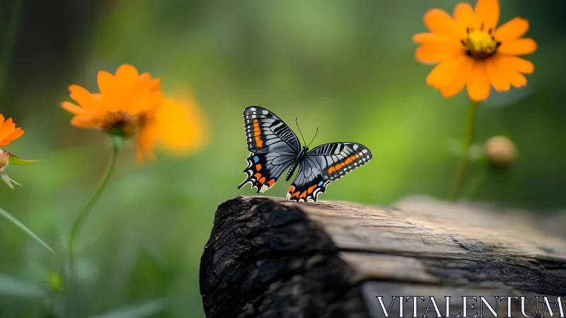 Butterfly with striped wings poised on weathered log in shallow focus