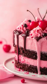 Pink and Chocolate Layered Cake with Cherries.