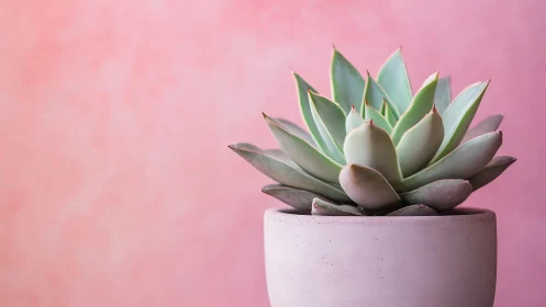 Soft green succulent in a blush pink pot on pastel backdrop.