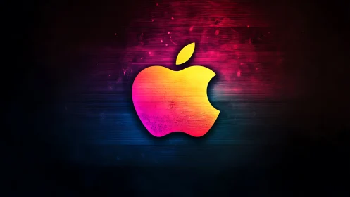 Neon gradient apple emblem on dark textured bokeh background