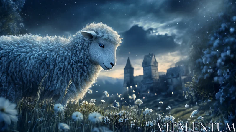 Dreamy moonlit sheep wandering by a distant hilltop castle.