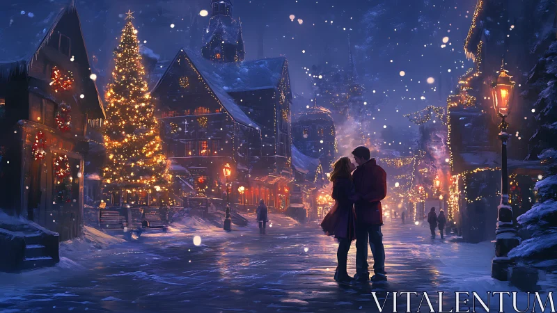 Snowlit lovers beneath a golden Christmas village glow.