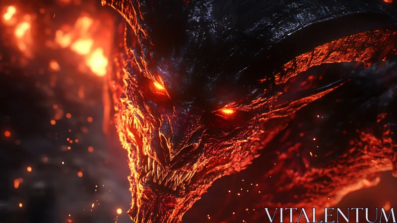 Molten horned dragon gazes through swirling embers and flame.