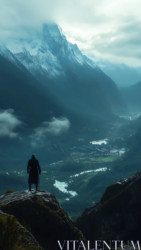 Lone wanderer surveys misty mountain valley in cold dawn light
