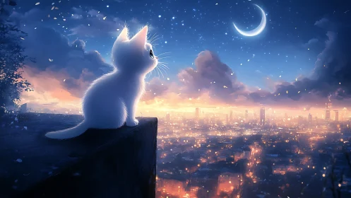 Dreamy white kitten gazing at a glowing crescent moon.