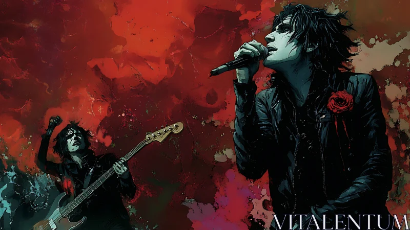 Rock vocalist and bassist on abstract red painted background.