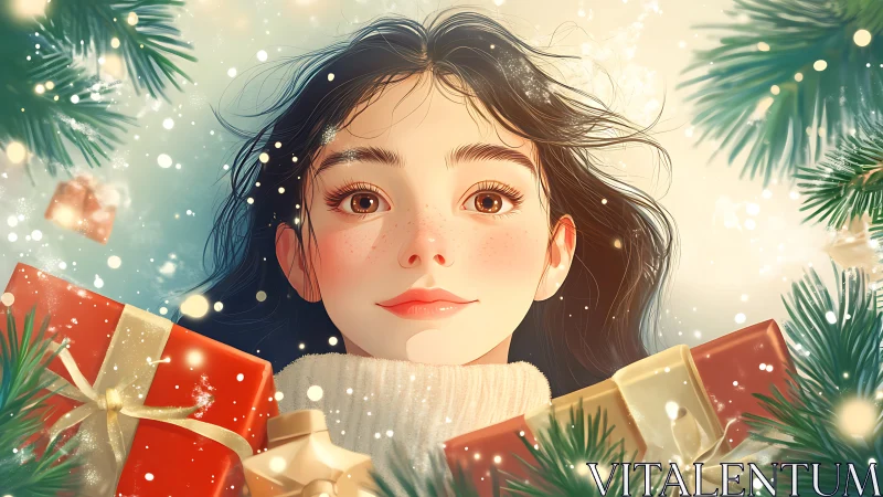 Winter glow portrait amid sparkling holiday gifts and pines.