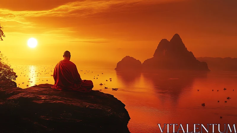 Monk in crimson robes meditating over luminous sunset bay.