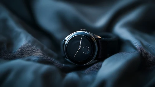Midnight watch resting softly in folds of deep blue fabric.