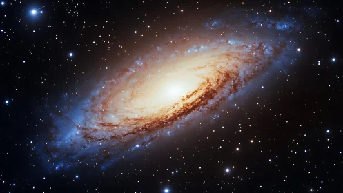 Photorealistic spiral galaxy with luminous stellar core rendering.