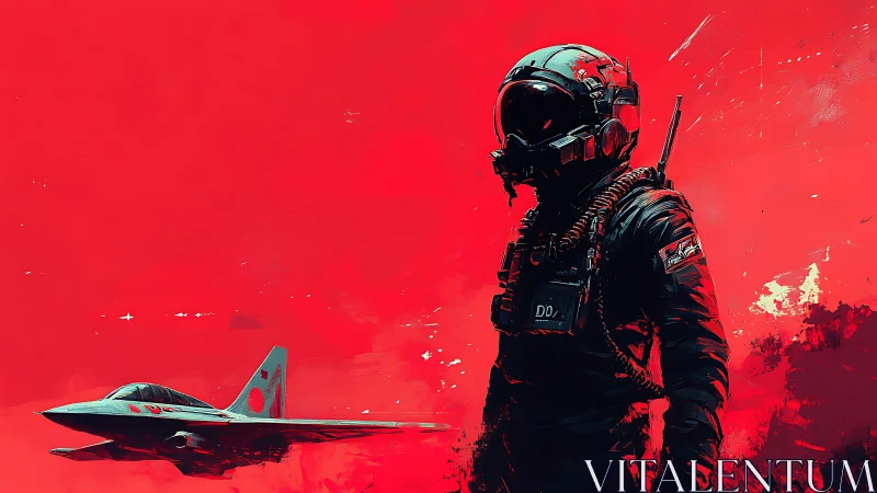 Jet pilot silhouette in crimson atmospheric digital artwork.