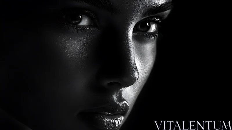 Glimmering gaze in deep shadowed monochrome portrait.