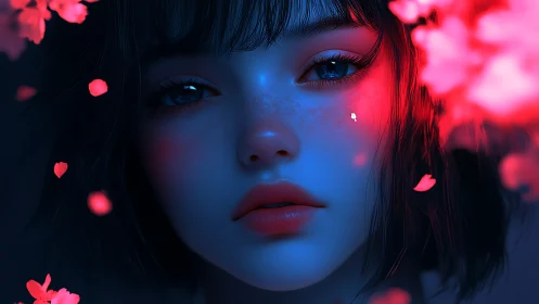 Blue lit girl portrait with pink petals and calm gaze.