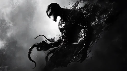 Ink-born shadow creature surges from swirling monochrome void.