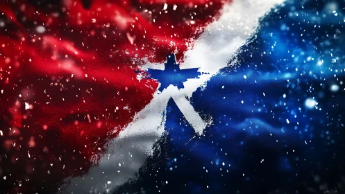 Textured tricolor abstraction with dynamic central emblem.