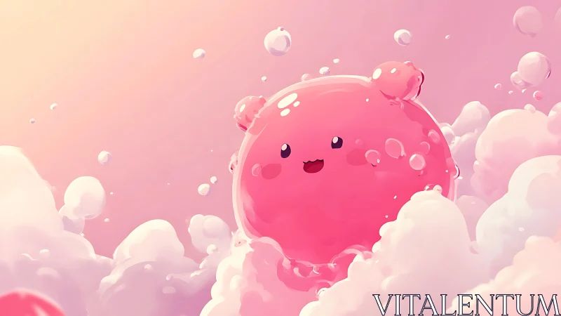 Happy Pink Bubble Character Floating Among Clouds.