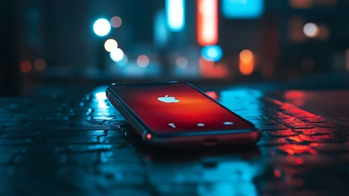 Neon night phone dreaming on rain-glossed city pavement.