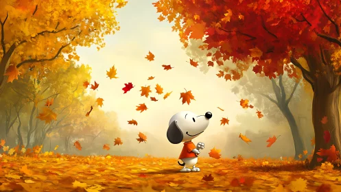 Cartoon beagle under vivid autumn canopy of drifting leaves.