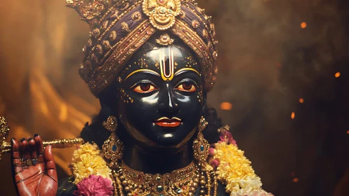 Image shows an ornate dark-toned deity statue with garlands