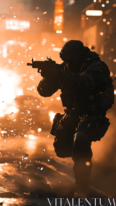 Silhouetted soldier advancing through blazing city inferno.