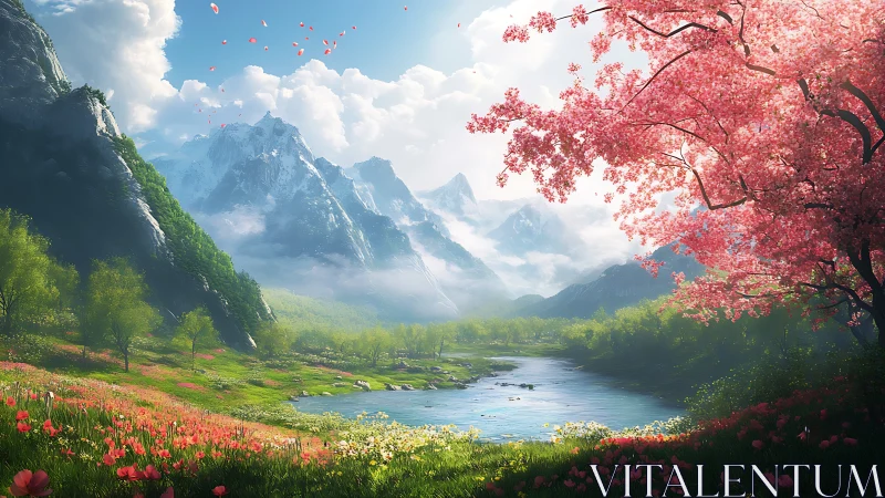 Alpine valley river under chromatic spring bloom atmosphere.