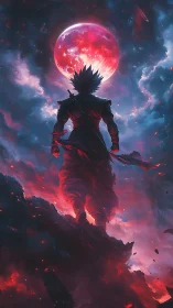 Lone warrior gazes up at a blazing crimson celestial moon