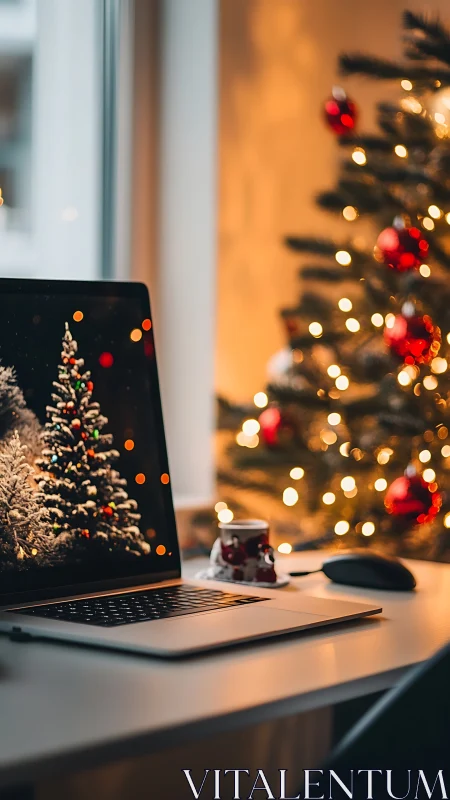 Laptop on modern desk mirrors illuminated Christmas tree