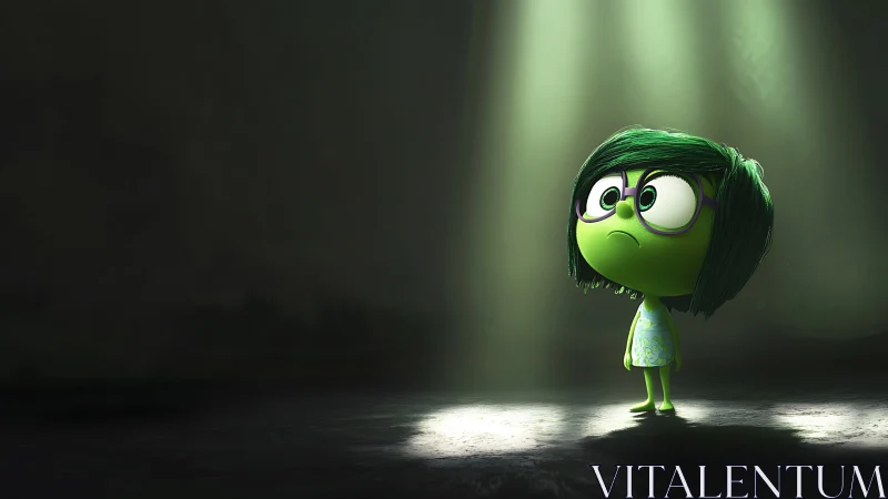 Green cartoon character stands alone under focused spotlight