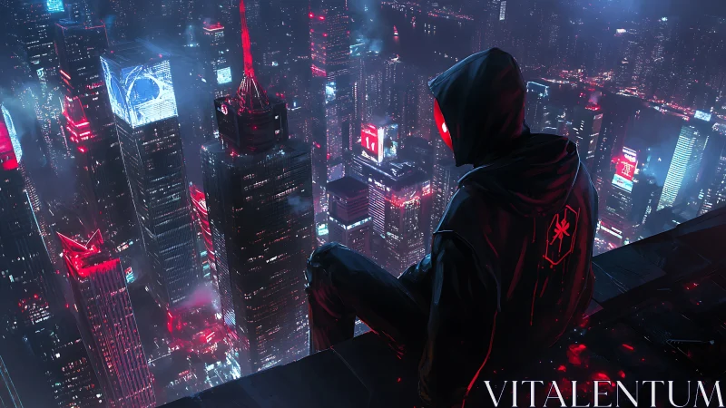 Hooded neon hacker brooding above rain-soaked cyber city.
