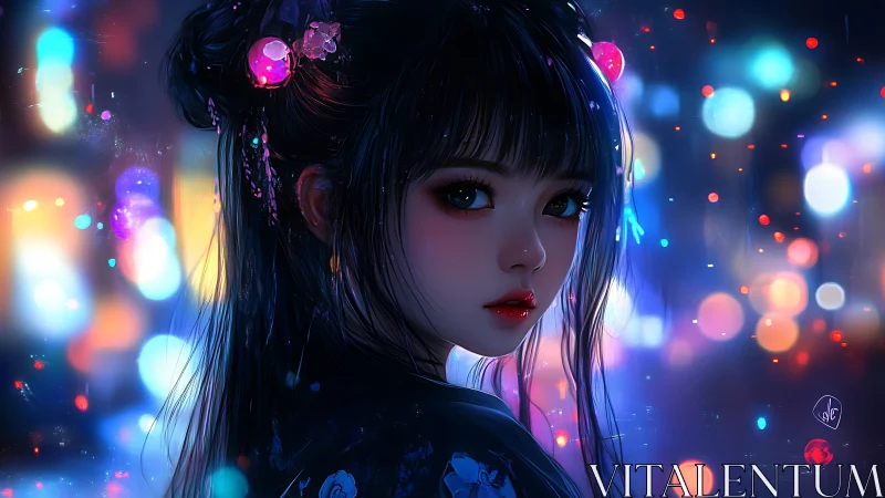 Neonlit anime girl portrait against blurred city lights.