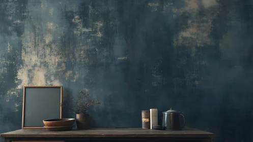 Dark tabletop still life sits against textured blue wall