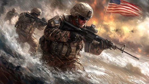 Armed soldiers advance through surf under stormy sky.